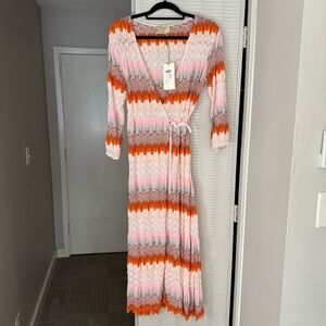 DX Collection Striped Multicolor Knit Dress Coverup Summer Sundress Mid Sleeve